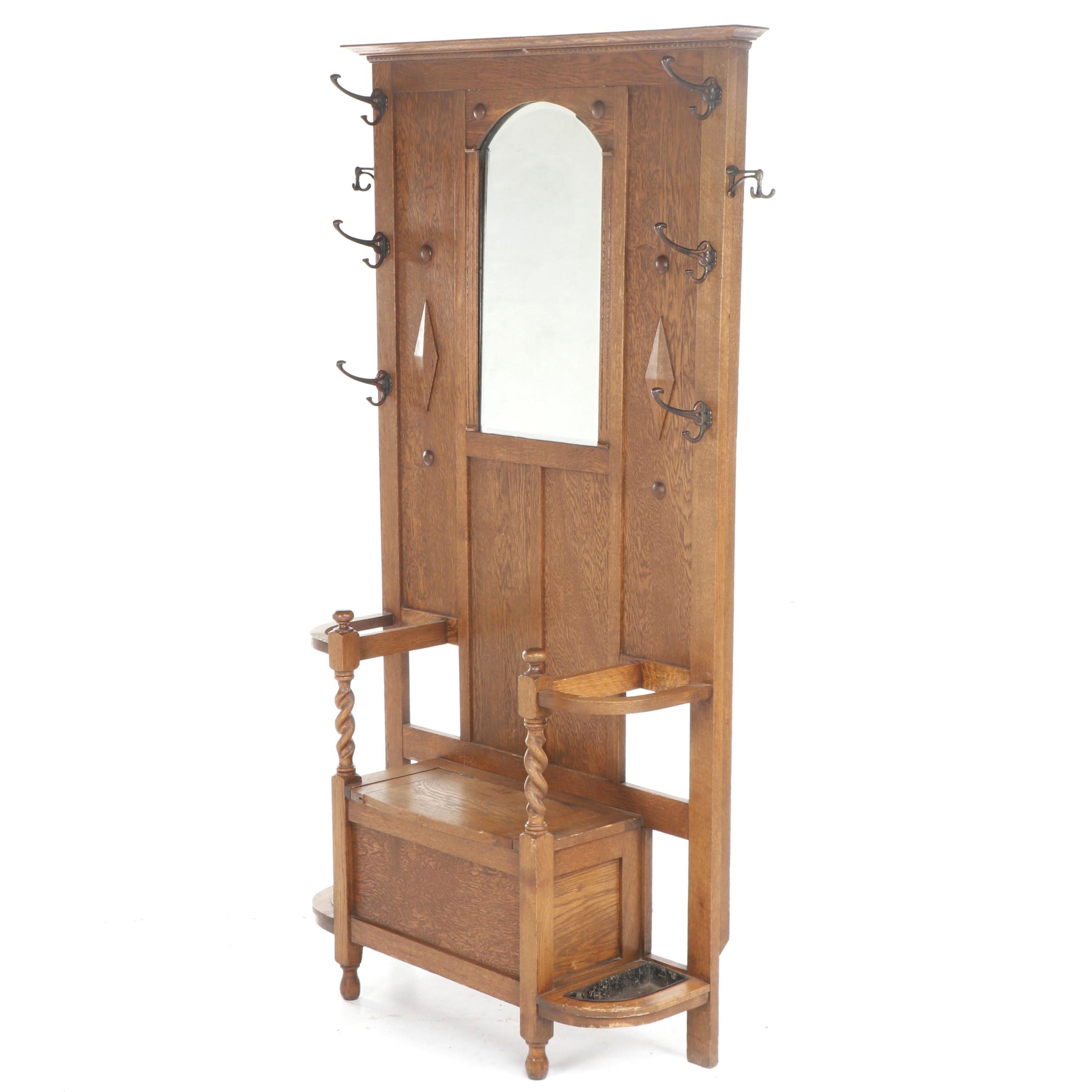 Mission Style Oak Hall Tree, Early 20th Century EBTH